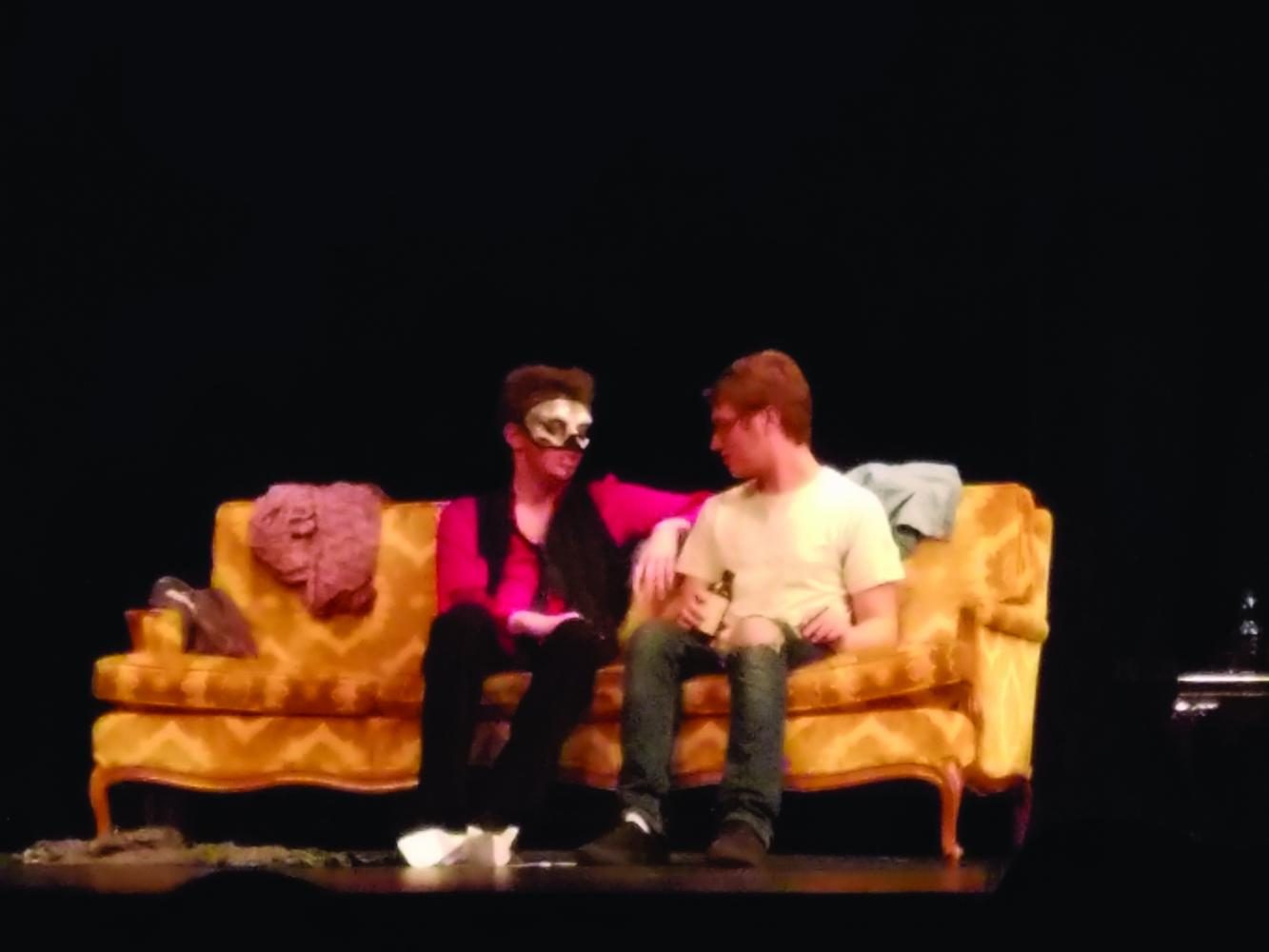 Senior Marshall Fisher and Junior Zach Haas converse in junior Jessica Leckie’s original one-act play, “Addict.”