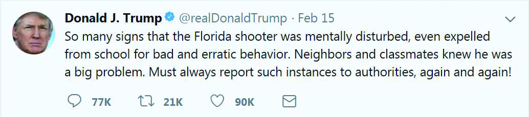 President Trump turned to Twitter Feb. 15, to offer explanation for a recent shooting. Image courtesy of twitter.com.