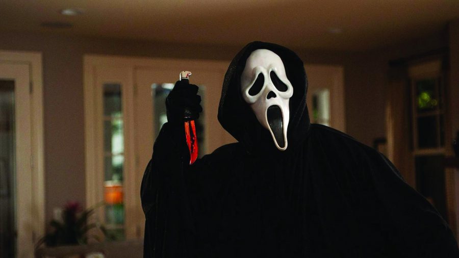 Ghost face from the classic 1996 movie Scream stands in  a menacing way. Photo courtesy of www.bing.com.
