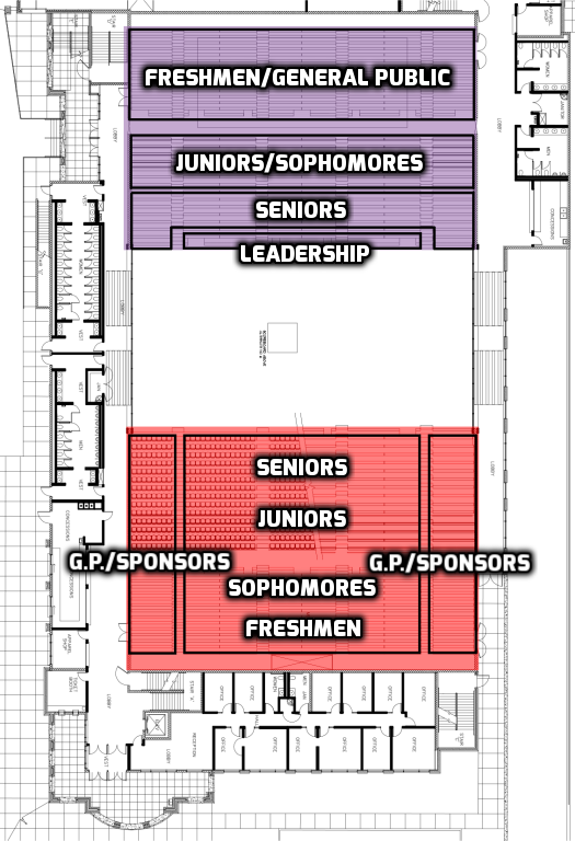 The above diagram portrays the Activity Center at LCSC, where Golden Throne is held. The main entrance to the building is in the bottom left corner.  Key and diagram created by Josie Hafer. Floor plan courtesy of Brooke Henze. 