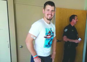 Tribal officer Josh Rigney on the day of his discharge from St. Joseph Regional Medical Center. 