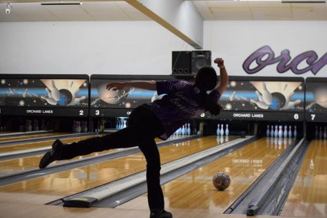 Junior Brianna Blamires rolls a ball down Lane 6 for a strike at the Top Dog Tournament Feb. 13 at Orchards Lanes here in Lewiston. Photo courtesy of Mindy Pals.
