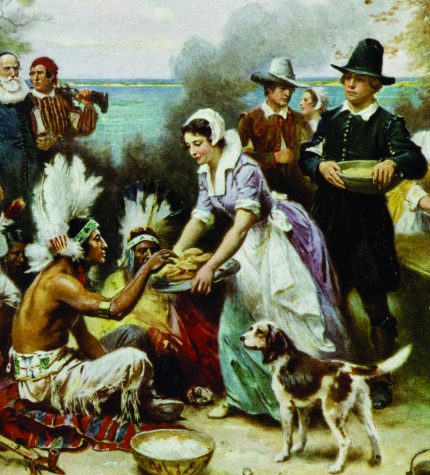 Settlers and  Native Americans share food in this illustration of the first Thanksgiving. Image courtesy of huffingtonpost.com.