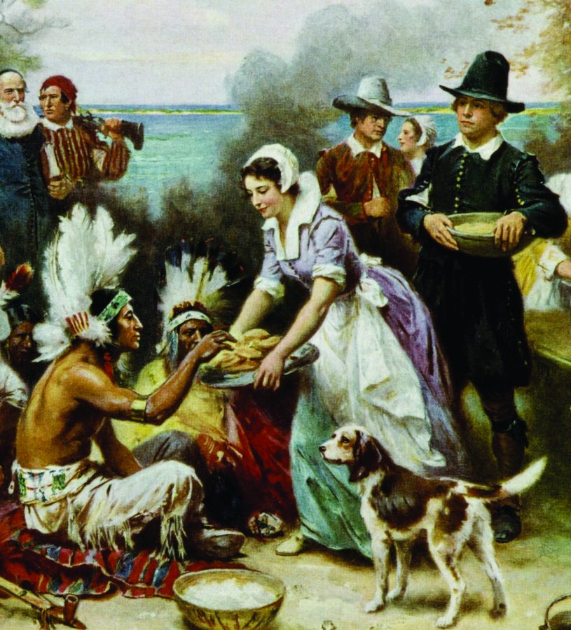 Settlers+and++Native+Americans+share+food+in+this+illustration+of+the+first+Thanksgiving.+Image+courtesy+of+huffingtonpost.com.