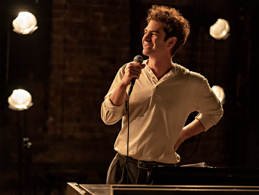 Jonathan Larson, played by Andrew Garfield, sings his rock monologue during a scene of Tick, Tick…BOOM!  Photo courtesy of American Magazine