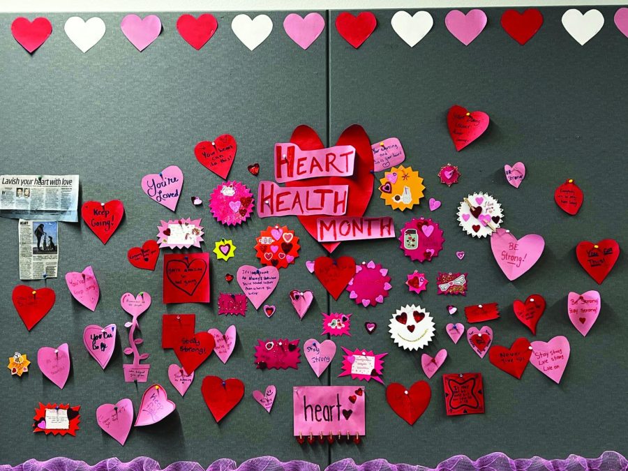 Bulletin+board+in+DTEC+decorated+by+LHS+nursing+students+for+February+%28heart+health+month.%29+Photo+by+Chayton+Brewer-Burgin.