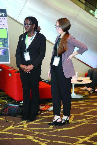 Oluwaseyi Arogundade and Rylee Wimer practice presenting their BPA project. The competition was held on March 18 at the Idaho State Leadership Conference in Boise, Idaho. Photo courtesy of Patience Rose.