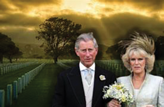 King Charles III and his wife stand over a grave. Photo illustrated by Jerrick Edwardsen