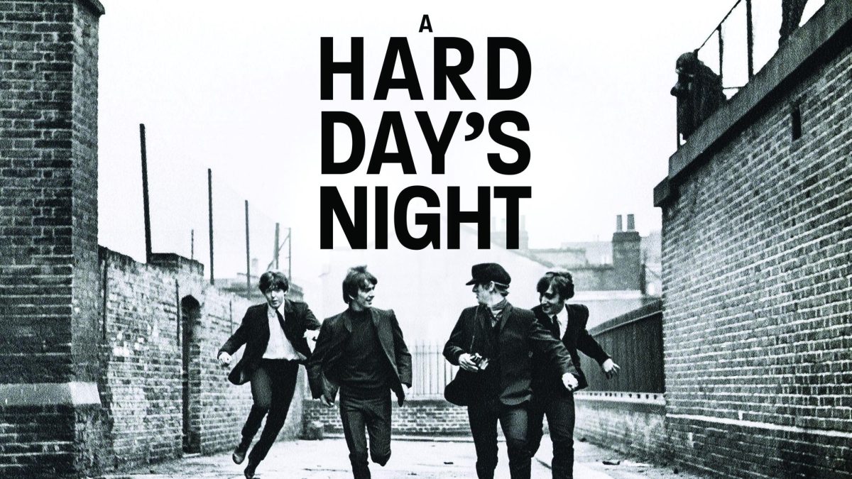 The Beatles run down an alleyway in a promotional image for A Hard Day’s Night (1964). Photo courtesy of Max.