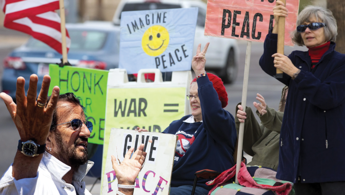 Ringo Starr throws up hands at elderly women at a ONLY PEACE protest.