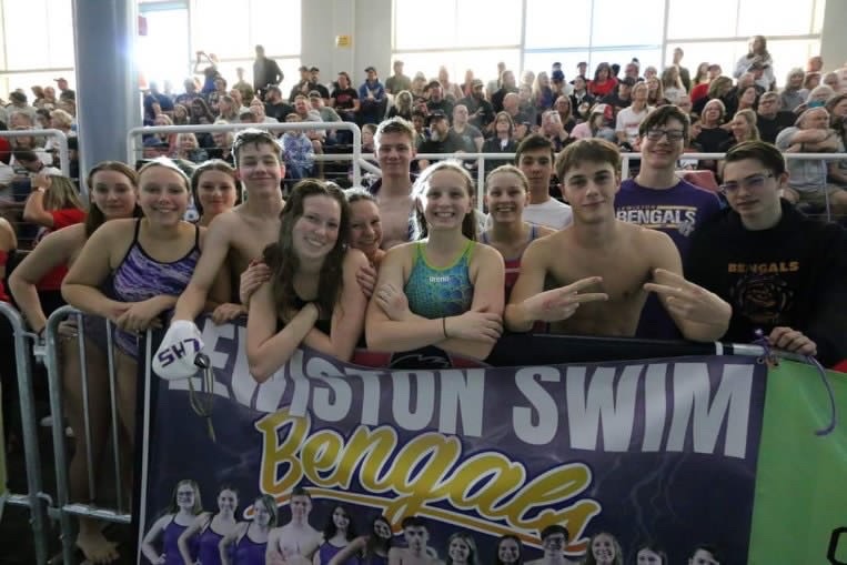 Addy Wimer, Ella Clark, Luci Steadman, Canyon Von Linden, Ryann Schrufngel, Sophia Carr, Deegan Everett, Lilian Sawyer, Corrine Sawyer, Kaden Antonich, Filippo Greggio, Jack Pernsteiner, and Julian Lenz at the state competition for Lewiston High School swim team