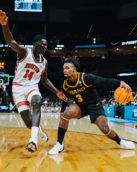 Biko Johnson dribbles the ball against Houston on March 19th in Oklahoma City. (Photo is courtesy of Idaho athletics)