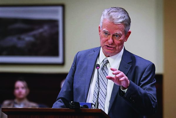 Idaho Gov. Brad Little answers questions at a legislative preview event in January at Idaho State Capitol.